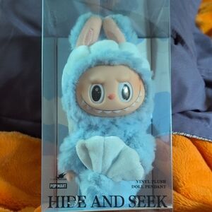 Hide and Seek Blue Vinyl Labubu Plush Doll Pendant